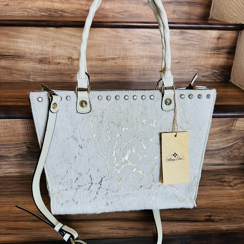 NWT Patricia Nash White Calf Hair w/ Handles/shoulder Metallic Gold Crossbody